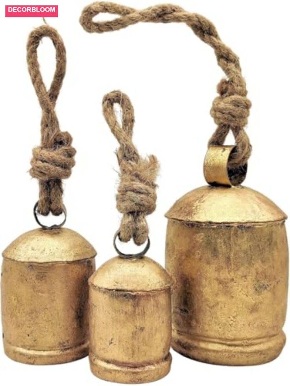 Set of 3 Giant Rustic Harmony Bells Handmade Cast Iron Jute Rope Hanging Decor